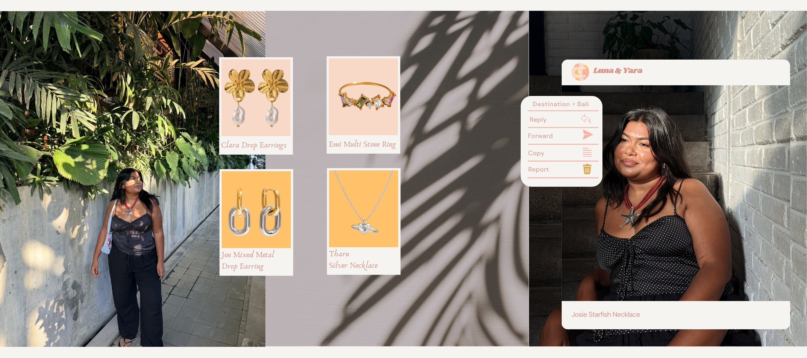 Woman standing outdoors with jewelry images and a website interface overlay.