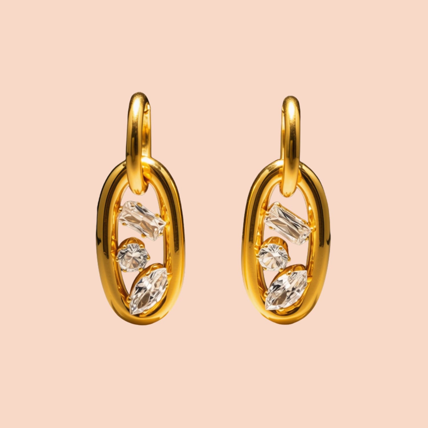 Gold hoop earrings with embedded diamonds on a beige background