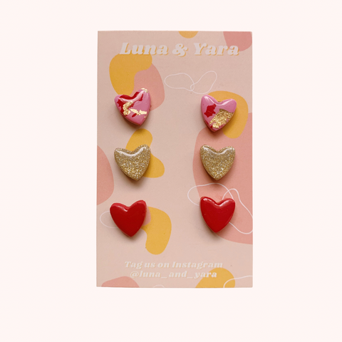 HEART STUD PACK Pink/Gold/Red